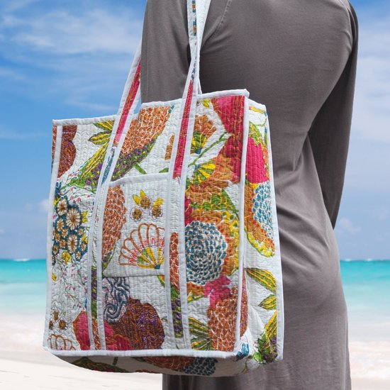 Sac bandoulière Kantha Flower - multi/blanc - sac de plage, cabas