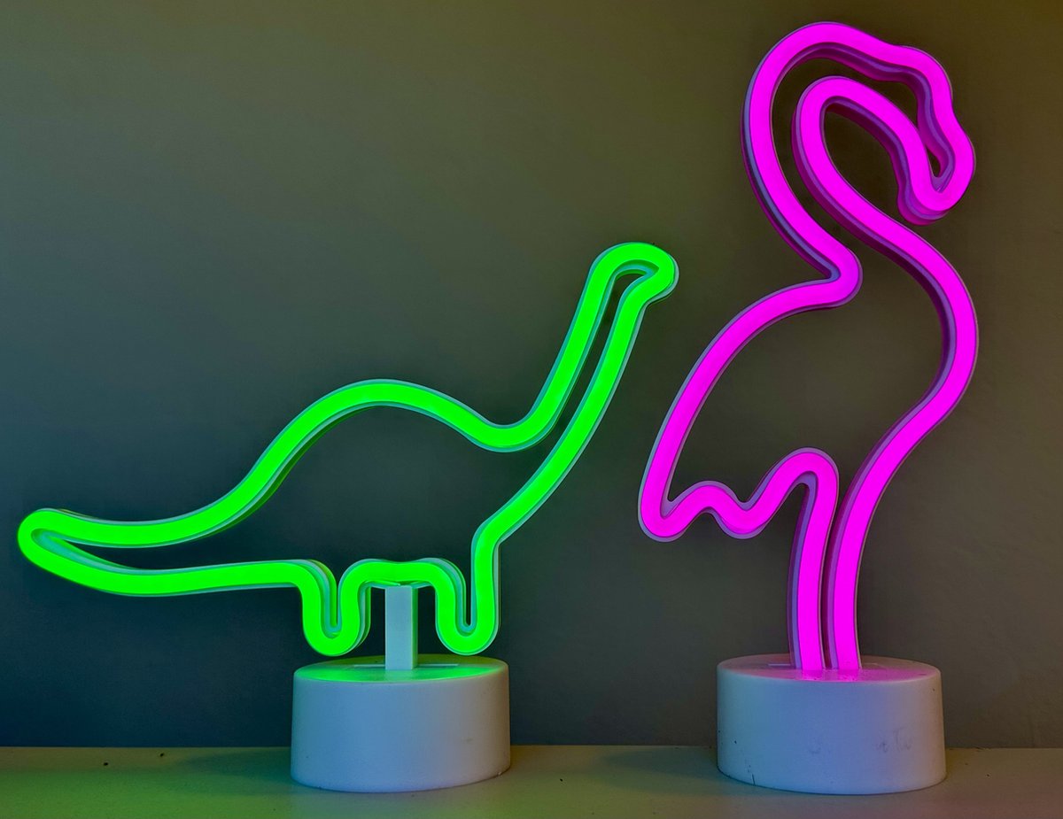 LED dinosaurus en flamingo met neonlicht - Set van 2 stuks - groen en roze neon licht - Op batterijen en USB - hoogte dino 27 x 21 x 8.5 cm - hoogte flamingo 29.5 x 14.5 x 8.5 cm Tafellamp - Nachtlamp - Decoratieve verlichting - Woonaccessoires