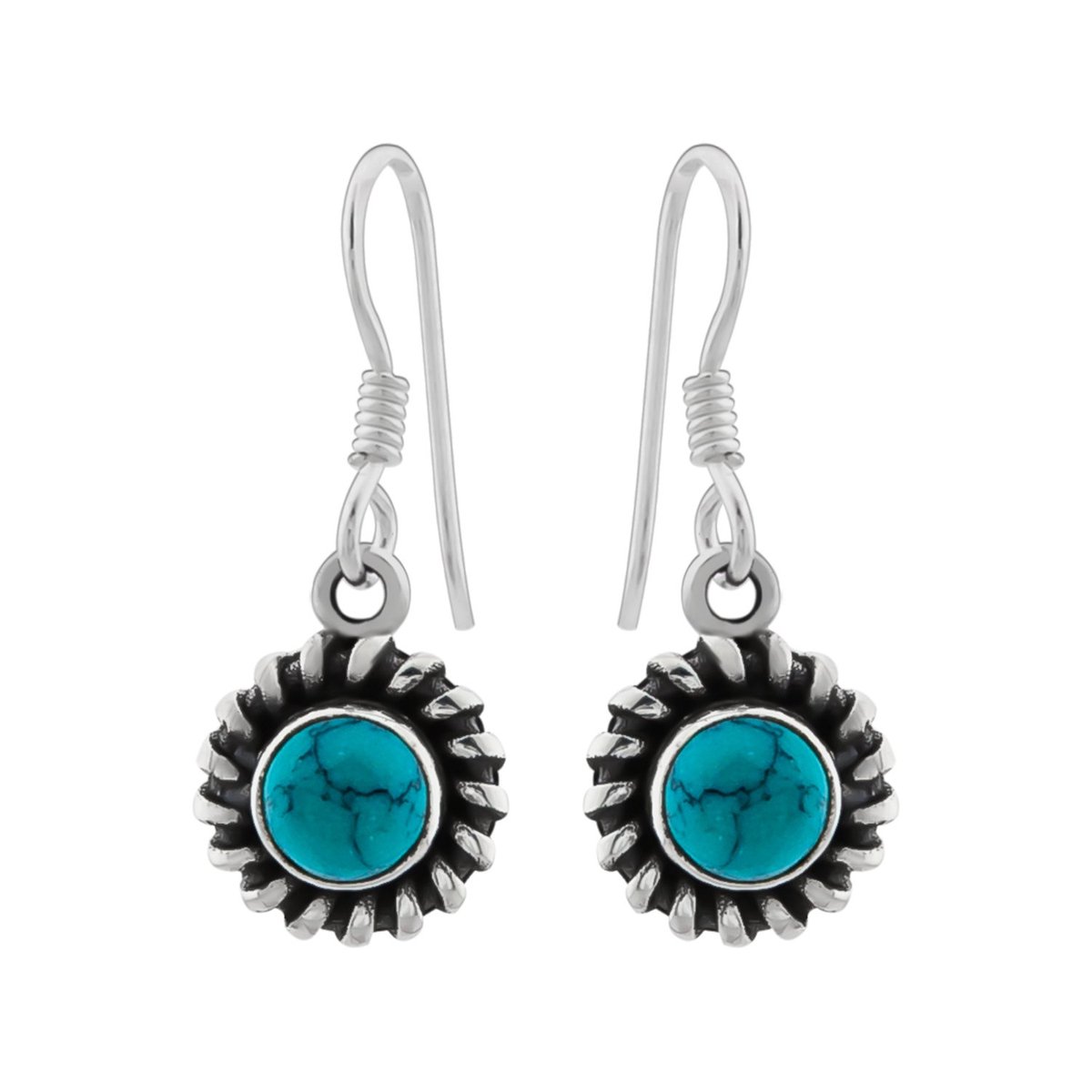 Zilveren oorbellen met hanger dames | Zilveren oorhangers, ronde turquoise steen met geoxideerde bewerkte rand