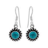 Zilveren oorbellen met hanger dames | Zilveren oorhangers, ronde turquoise steen met geoxideerde bewerkte rand