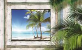 Fotobehang - Vlies Behang - 3D Tropisch Uitzicht op de Palmbomen en Zee door het Houten Raam - 416 x 254 cm