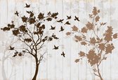 Fotobehang - Vlies Behang - Bomen en Vogels op Houten Planken - Kunst - 312 x 219 cm
