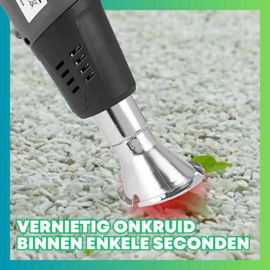 Onkruidverwijderaar op een steenachtige ondergrond, met hitte-effect bij de wortels.