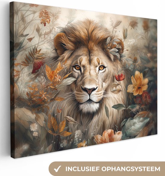 Canvas Schilderij Leeuw - Wilde dieren - Planten - Natuur - Bloemen - Wanddecoratie