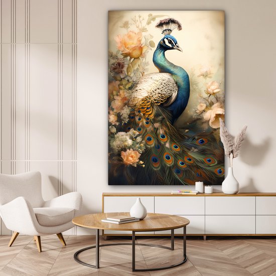 Tableau sur toile Paon - Plumes de paon - Fleurs - Vogels - Botanique - 120x180 cm - Décoration murale XXL