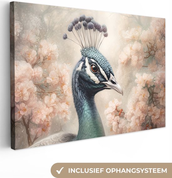 Tableau sur toile Paon - Vogels - Fleurs - Arbre - Botanique - 180x120 cm - Décoration murale XXL