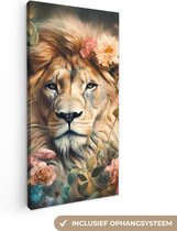 Canvas Schilderij Leeuw - Leeuwenkop - Wilde dieren - Bloemen - 20x40 cm - Wanddecoratie