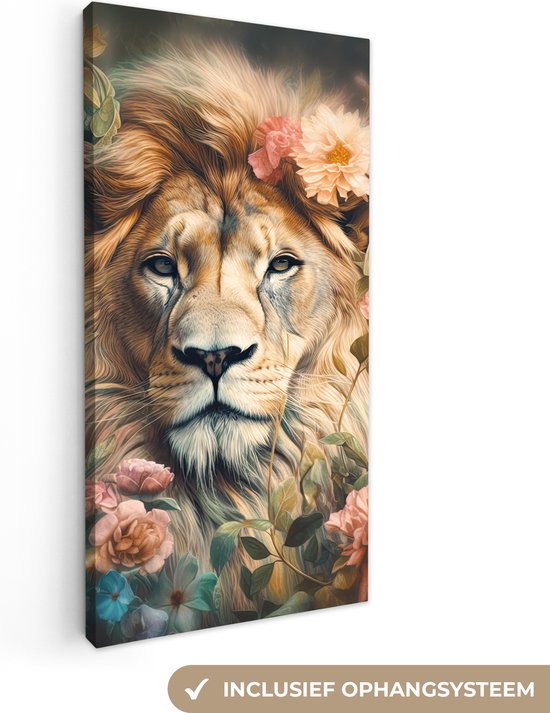 Canvas schilderij 20x40 cm - Wanddecoratie Leeuw - Leeuwenkop - Wilde dieren - Bloemen - Muurdecoratie woonkamer - Slaapkamer decoratie - Kamer accessoires - Schilderijen