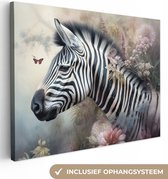 Tableau sur toile Zebra - Animaux sauvages - Papillon - Fleurs - 80x60 cm - Décoration murale