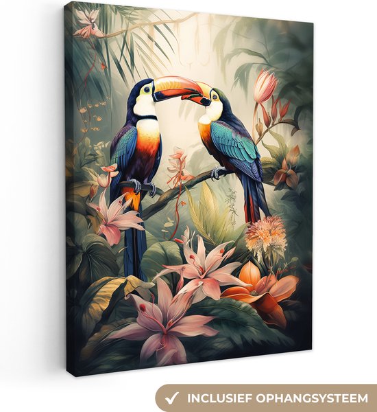 Canvas Schilderij Toekan - Vogels - Bloemen - Natuur - Jungle - 60x80 cm - Wanddecoratie