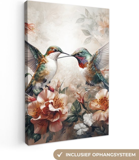 Canvas Schilderij Kolibrie - Vogels - Bloemen - Natuur - 20x30 cm - Wanddecoratie