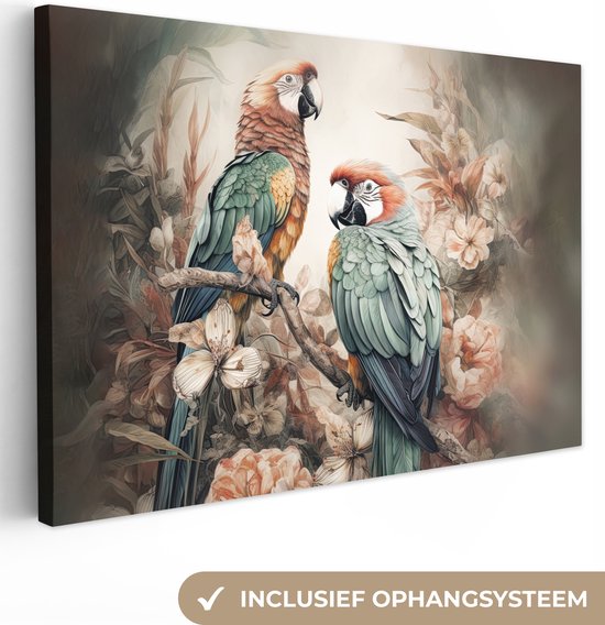 Canvas Schilderij Papegaaien - Vogels - Natuur - Bloemen - 60x40 cm - Wanddecoratie