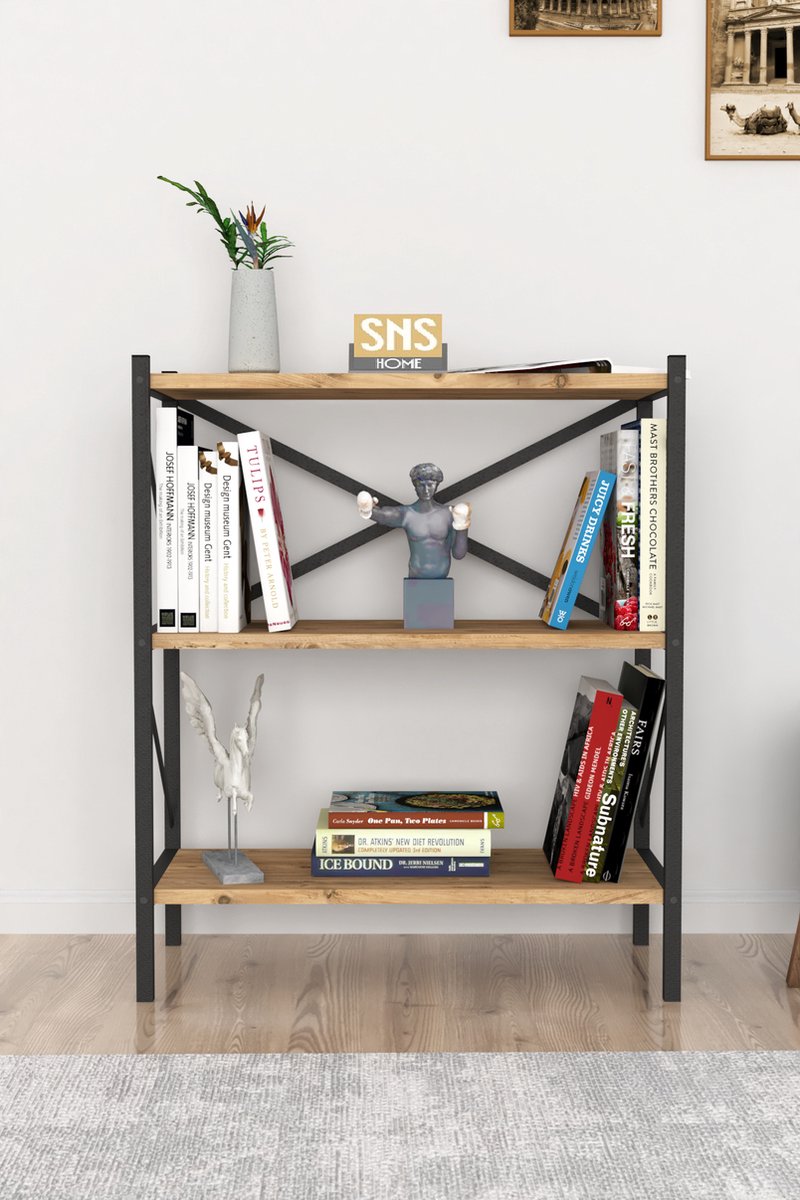 SNS Home - Decoratieve Boekenkast met 3 Planken - Metalen Boekenkast - 66 x 34 x 85 cm - Pijnboom