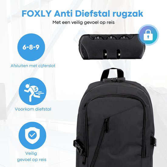 FOXLY® Anti Diefstal Waterdichte Rugzak - Zwart