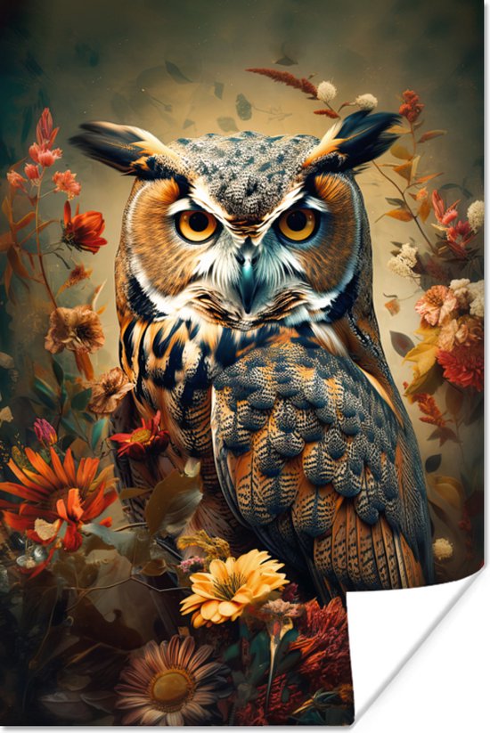 Poster Uil - Vogel - Bloemen - Planten - Botanisch - 60x90 cm