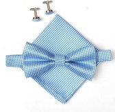 Vlinderstrik inclusief pochette en manchetknopen - Lichtblauw - kleine ruit - luxe - vlinderdas - strik - strikje - pochet - heren
