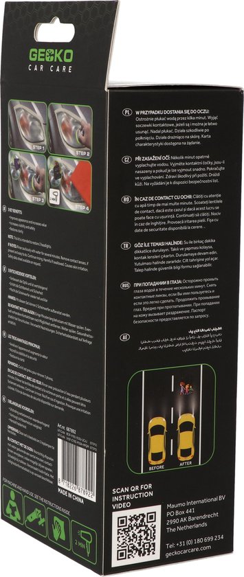 Gekko Car Care verpakking met instructies en afbeelding van auto's met opgeknapte koplampen.