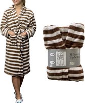 Luxe badjas - middenbruin en wit gestreept - badjas - micro fleece - badjas dames - badjas heren - maat L/XL - Cadeau - Oeko-Tex Standard 100