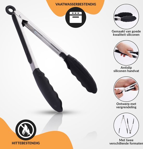 Mancor Pinces à viande pour la Cuisine Pinces de cuisine Pinces de service Pinces à BBQ Accessoires Pinces à barbecue - Acier inoxydable et Siliconen - Set de 2