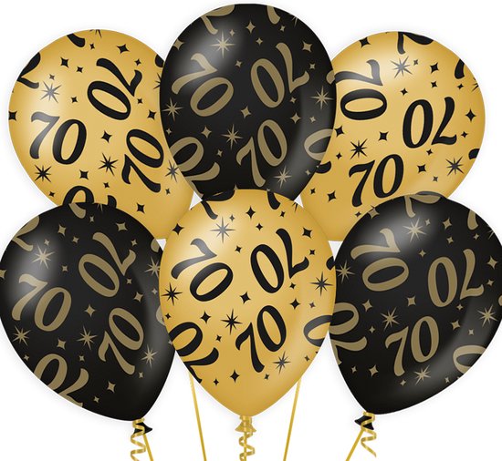 Zes ballonnen, zwart en goudkleurig, met '70' en sterrenprint. Zes ballonnen met '70' en sterrenprint.