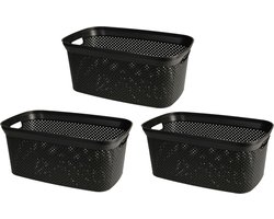 Storage Solutions Wasmand van rotan gevlochten - 3x - zwart - kunststof - 35 liter - 35 x 53 x 23 cm