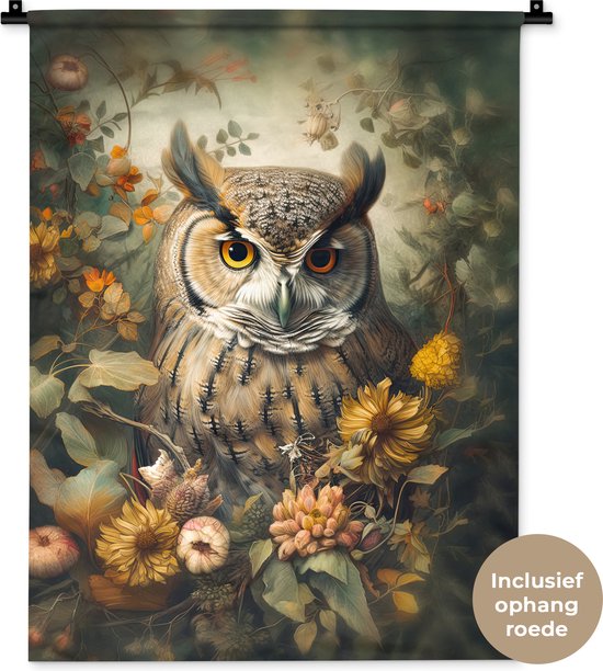 Tapisserie - Toile murale - Hibou - Vogels - Fleurs - Nature - 60x80 cm - Tapisserie