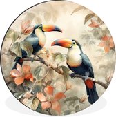 WallCircle - Cercle Mural - Cercle Mural - Toucan - Vogels - Fleurs - Branche - Aluminium - Dibond - 140x140 cm - Intérieur et Extérieur