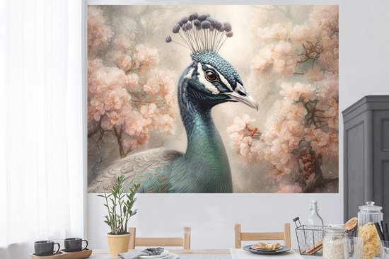 Muurstickers - Sticker Folie - Pauw - Vogels - Bloemen - Boom - Botanisch - 160x120 cm - Plakfolie - Muurstickers Kinderkamer - Zelfklevend Behang XXL - Zelfklevend behangpapier - Stickerfolie