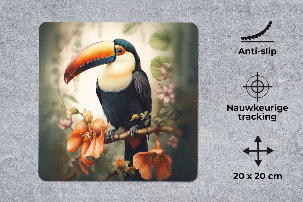 Muismat 20x20 cm - Mousepad Toekan - Vogel - Bloemen - Planten - Muismatten