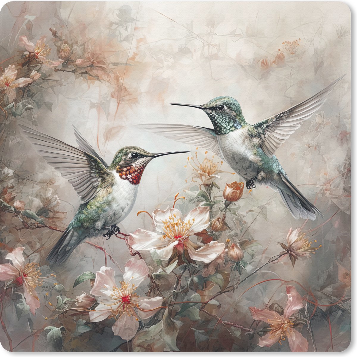 Muismat 20x20 cm - Mousepad Kolibrie - Vogels - Bloemen - Planten - Muismatten