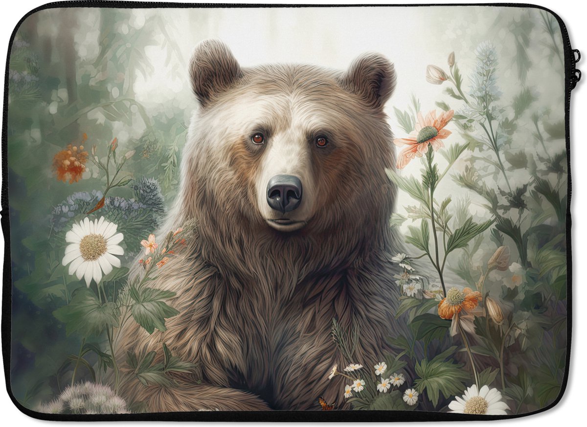 Laptophoes 13 inch - Bruine beer - Wilde dieren - Bloemen - Planten - Laptop sleeve - Binnenmaat 32x22,5 cm - Zwarte achterkant