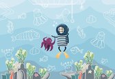 Fotobehang - Vlies Behang - Duikder en Octopus in Onderwaterwereld - Kinderbehang - 368 x 280 cm