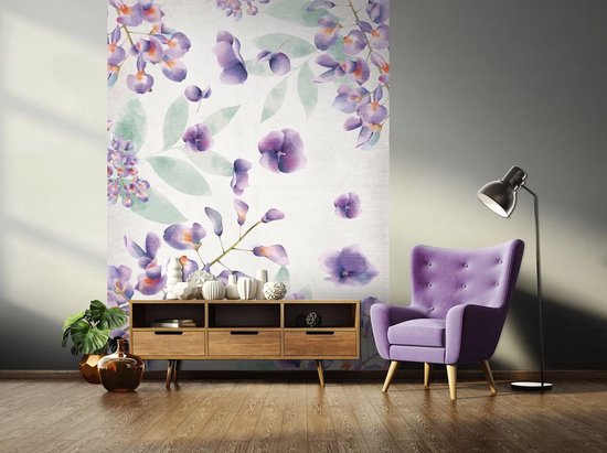 Papier peint photo - Papier peint intissé - Fleurs violettes peintes - 416 x 254 cm