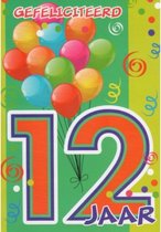 Gefeliciteerd! Je bent 12 jaar geworden! Een feestelijke kaart met slingers en ballonnen. Een leuke kaart om zo te geven of om bij een cadeau te voegen. Een dubbele wenskaart inclusief envelop en in folie verpakt.