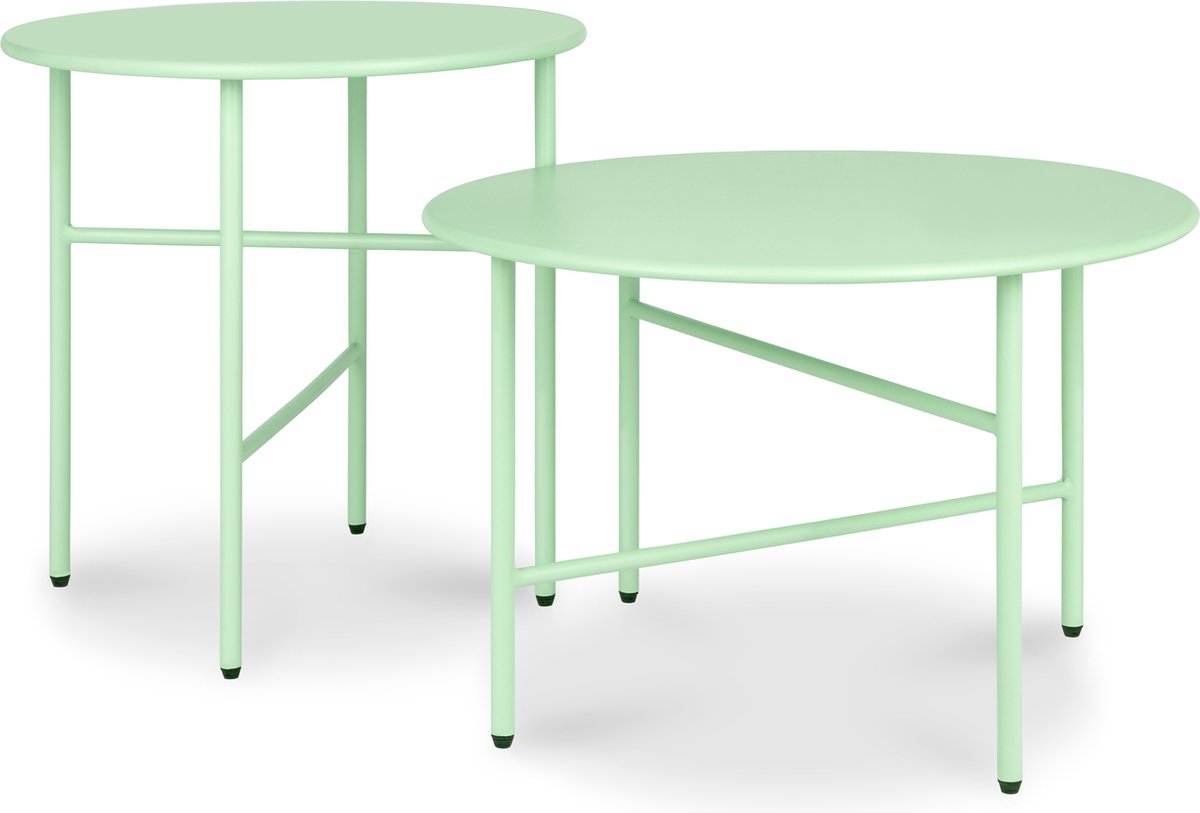 bomoe Finn – Set van 2 Ronde Bijzettafels Metaal Mintgroen – Krasbestendig Tafelblad Ø 44cm & Ø53cm – Stabiel, Lichtgewicht Salontafel voor Binnen & Buiten