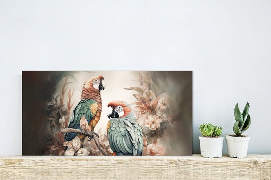 Wanddecoratie Metaal - Aluminium Schilderij Industrieel - Papegaaien - Vogels - Natuur - Bloemen - 40x20 cm - Dibond - Foto op aluminium - Industriële muurdecoratie - Voor de woonkamer/slaapkamer