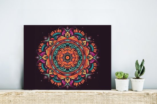 Wanddecoratie Metaal - Aluminium Schilderij Industrieel - Mandala - Bloemen - Hippie - Boho - Oranje - 40x30 cm - Dibond - Foto op aluminium - Industriële muurdecoratie - Voor de woonkamer/slaapkamer