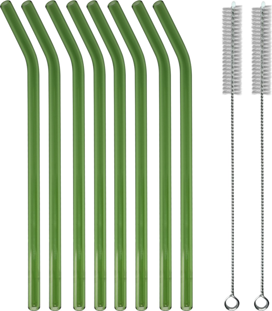 Glazen Rietjes Gebogen - Cocktail Rietjes - Tasteables - Set van 8 - Duurzaam - Herbruikbaar - Reinigingsborstel - 200mm lengte - Groen — cadeau in Koken & Dineren - foto 2
