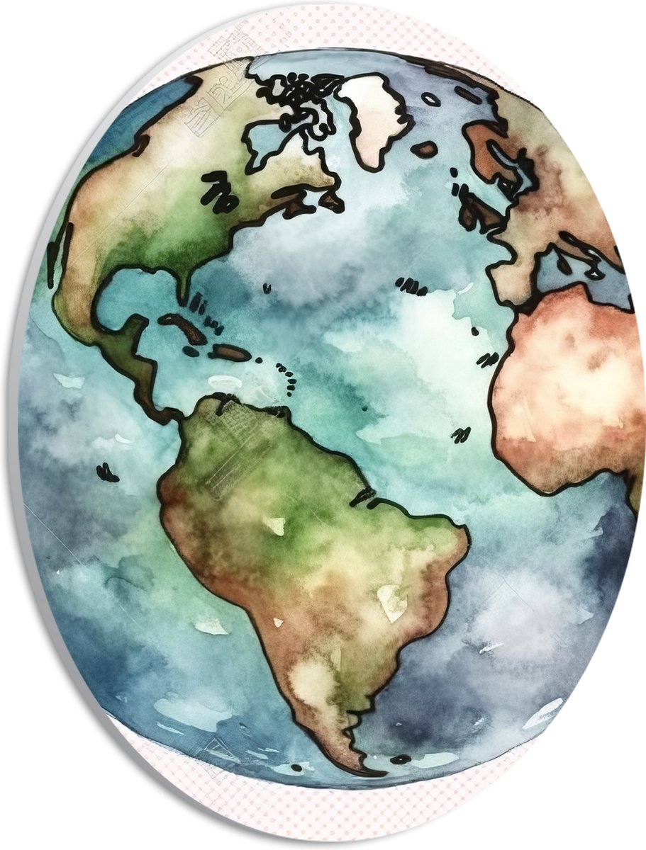 PVC Schuimplaat Ovaal - Waterverf Tekening van een Wereldbol tegen Witte Achtergrond - 21x28 cm Foto op Ovaal (Met Ophangsysteem)