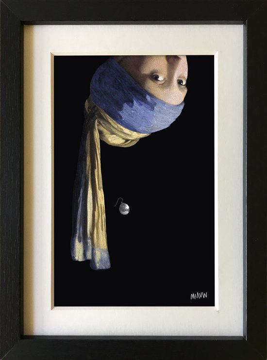 Vermeer Meisje met de Parel Ondersteboven - ingelijst met passe-partout - popart kunst gesigneerd - 15x20cm