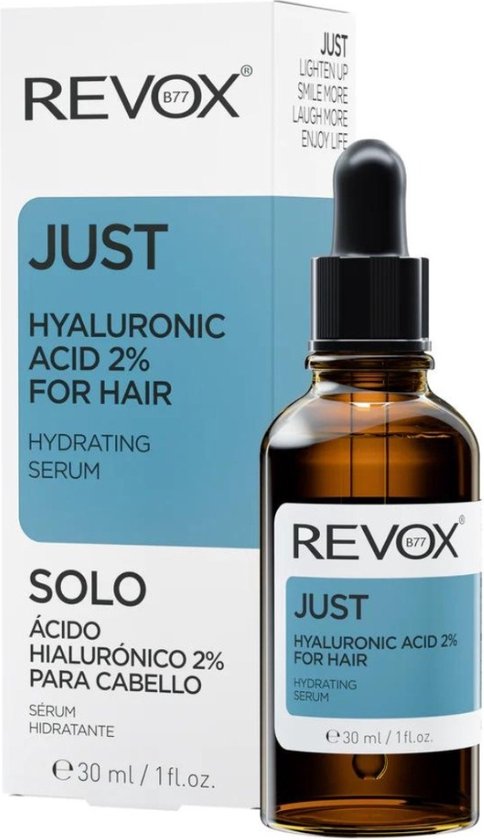 Flesje met druppelaar en doosje van Revox JUST HYALURONIC ACID 2% FOR HAIR HYDRATING SERUM. Zwart en blauw etiket.