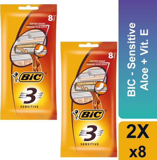 Wegwerpscheermesjes - BIC 3 Sensitive - Voordeelverpakking - 2 x 8 stuks - 16 stuks - Aloë Vera en Vitamine E