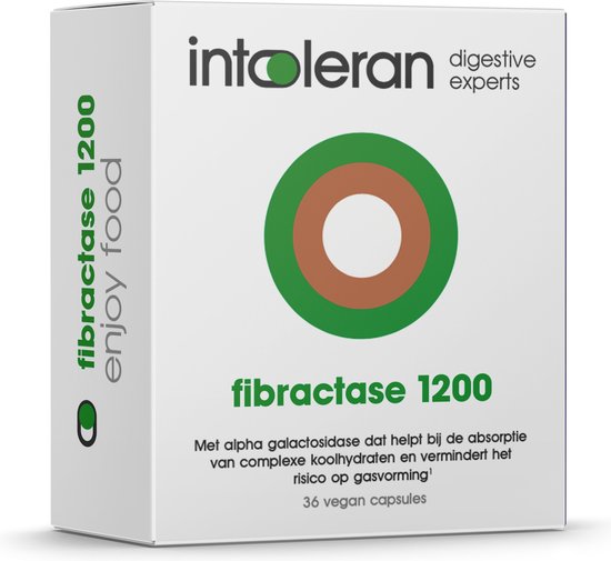 Foto: Intoleran fibractase forte 1200 spijsverteringsenzymen 36 capsules hoog gedoseerd voedingssupplement met enzym alpha galactosidase hulp bij vertering fructanen galactanen ui prei en tarwe