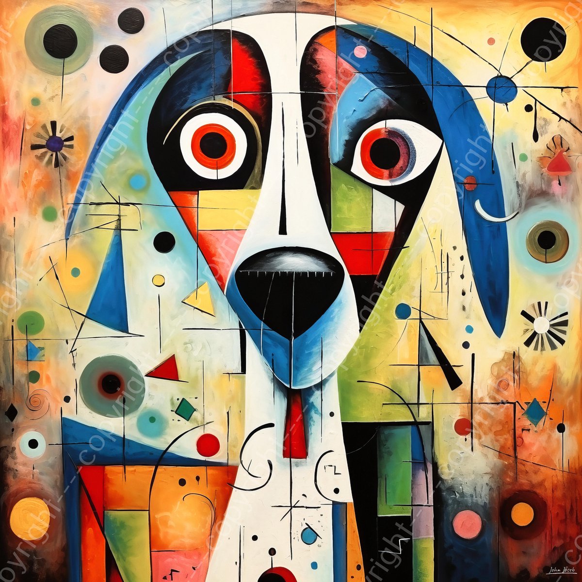 John Joseb Art (Glas) 60x60 | Hond in modern surrealisme, kleurrijk, kunst | dier, abstract, vierkant, modern, Picasso, Joan Miro, Herman Brood | Foto-schilderij-glasschilderij-acrylglas-acrylaat-wanddecoratie