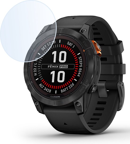 Gehard glas scherm protector op een zwarte Garmin Fenix 7 Pro smartwatch.