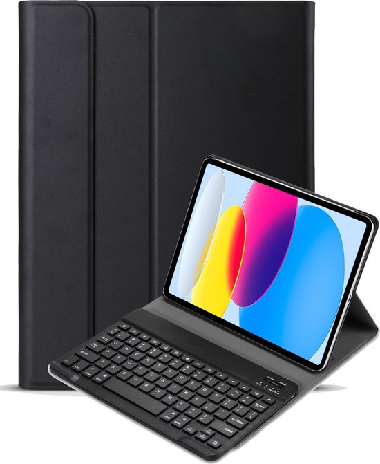 Zwarte tablet hoes met een tablet en toetsenbord in hoes, staand met kleurrijk scherm.
