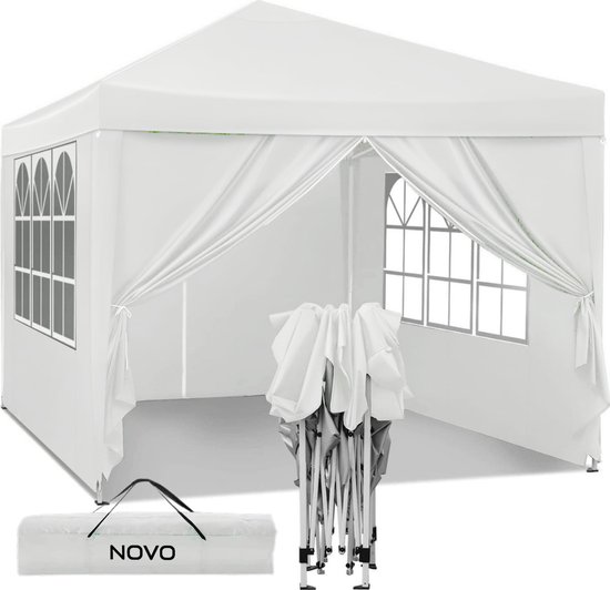 NOVO® Partytent - Easy up - 3 x 3m - Paviljoen met Zijpanelen - Opvouwbaar - Waterdichte Tent - In Hoogte Verstelbaar - Wit
