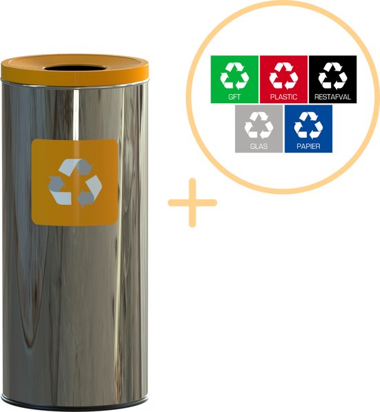 Alda Eco Prestige Bin, Prullenbak - 45L - RVS Geel - Afvalscheiding Prullenbakken - Gemakkelijk Afval Scheiden – Recyclen - Afvalemmer - Vuilnisbak voor huishouden en kantoor - Afvalbakken - Inclusief 5-delige Stickerset