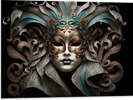 Dibond - Wit Venetiaanse carnavals Masker met Blauwe en Gouden Details tegen Zwarte Achtergrond - 80x60 cm Foto op Aluminium (Met Ophangsysteem)