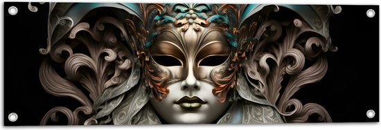Tuinposter – Wit Venetiaanse carnavals Masker met Blauwe en Gouden Details tegen Zwarte Achtergrond - 90x30 cm Foto op Tuinposter (wanddecoratie voor buiten en binnen)